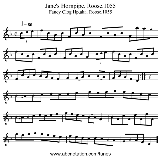 Jane's Hornpipe. Roose.1055 - staff notation