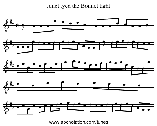Janet tyed the Bonnet tight - staff notation