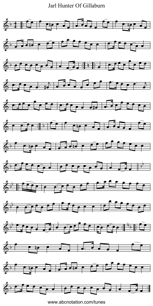 Jarl Hunter Of Gillaburn - staff notation