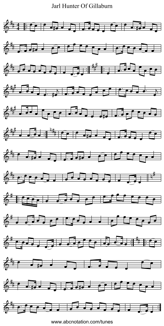 Jarl Hunter Of Gillaburn - staff notation