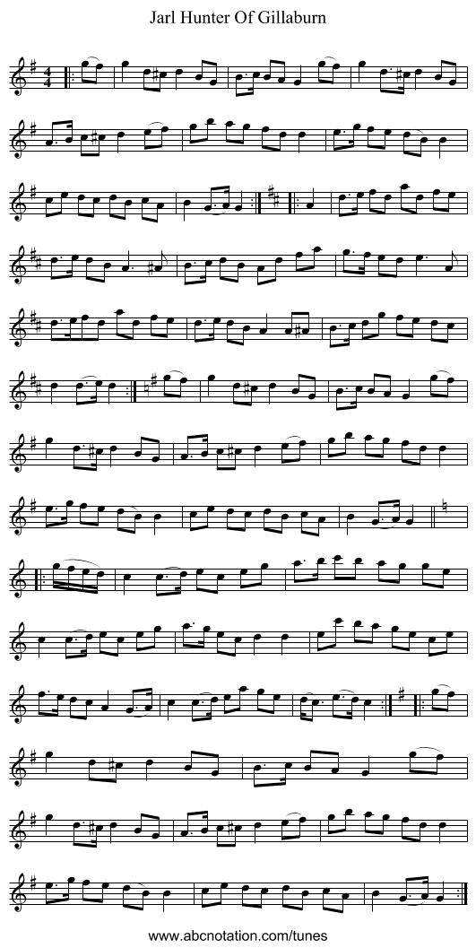 Jarl Hunter Of Gillaburn - staff notation