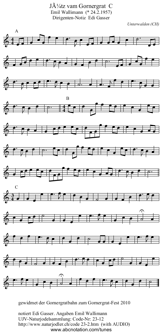 Jütz vam Gornergrat C - staff notation