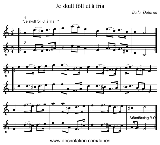 Je skull föll ut å fria - staff notation