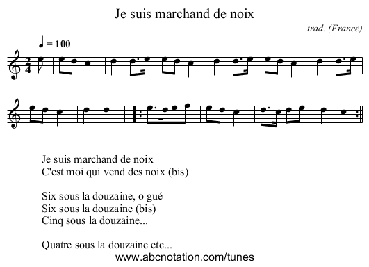 Je suis marchand de noix - staff notation