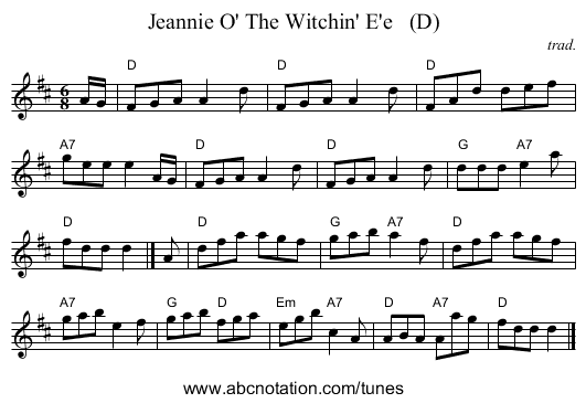Jeannie O' The Witchin' E'e (D) - staff notation