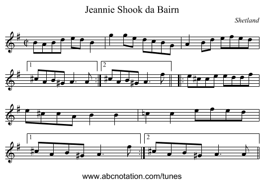 Jeannie Shook da Bairn - staff notation