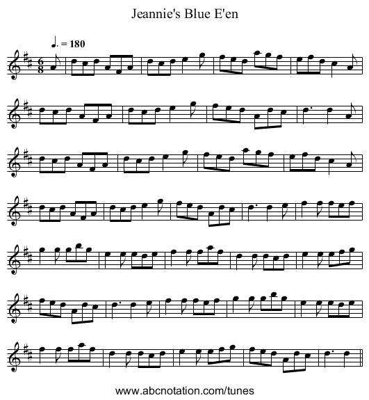 Jeannie's Blue E'en - staff notation