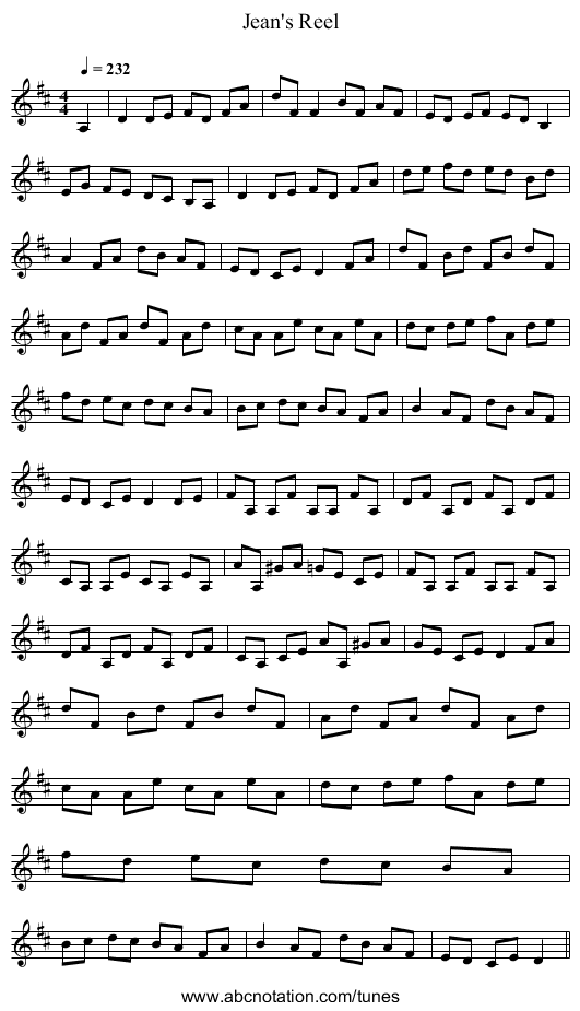 Jean's Reel - staff notation