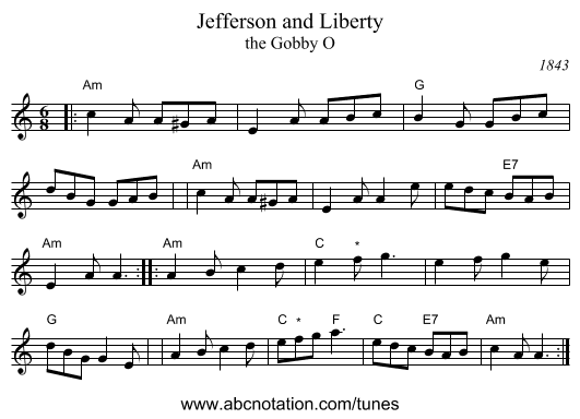 Jefferson and Liberty - staff notation