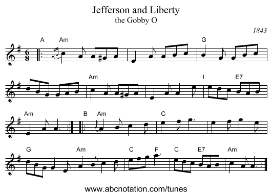 Jefferson and Liberty - staff notation