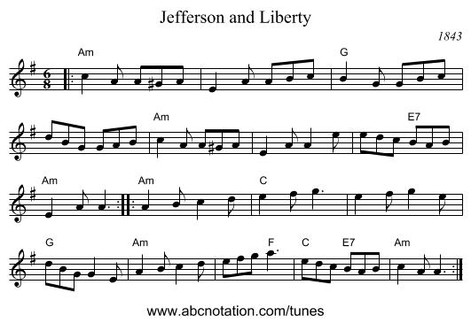 Jefferson and Liberty - staff notation