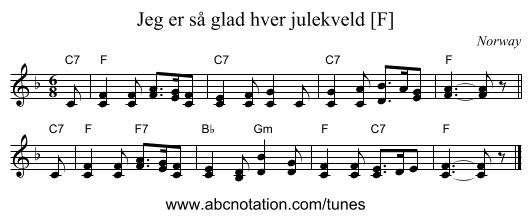 Jeg er s&aring; glad hver julekveld [F] - staff notation