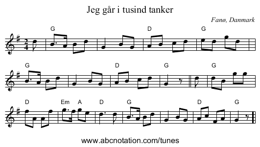 Jeg går i tusind tanker - staff notation
