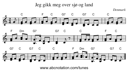 Jeg gikk meg over sjø og land - staff notation