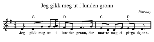 Jeg gikk meg ut i lunden gr&oslash;nn - staff notation
