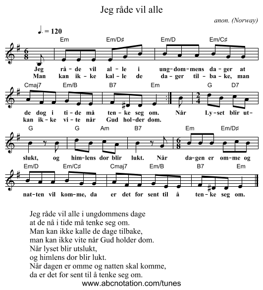 Jeg r&aring;de vil alle - staff notation