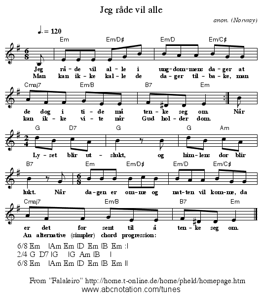 Jeg r&aring;de vil alle - staff notation