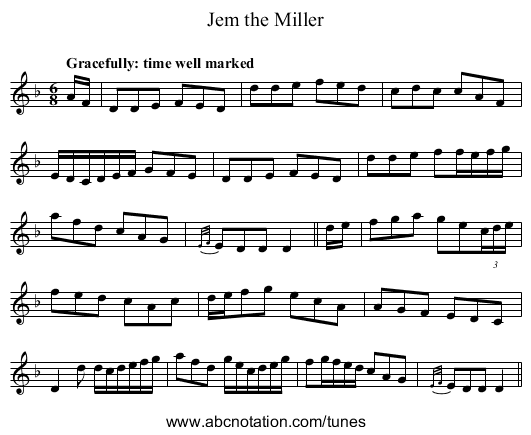 Jem the Miller - staff notation