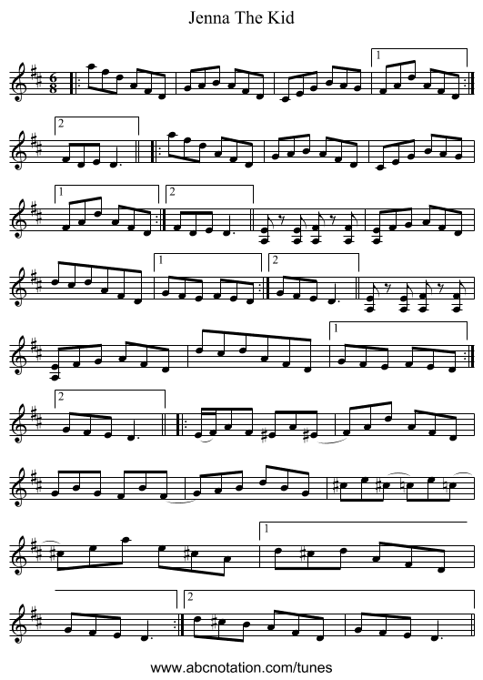 Jenna The Kid - staff notation