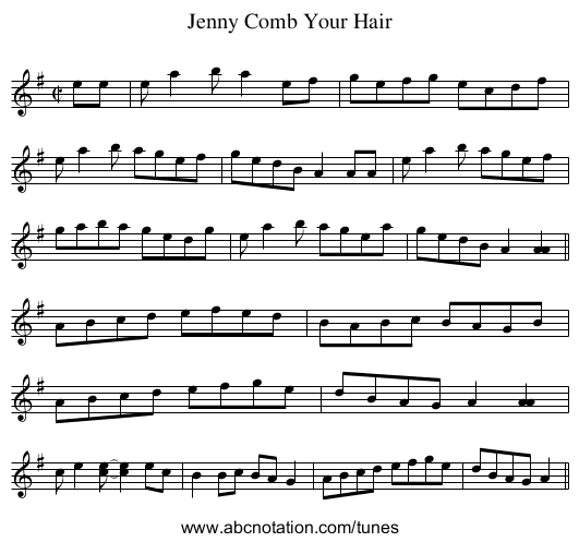 Jenny Comb Your Hair - staff notation