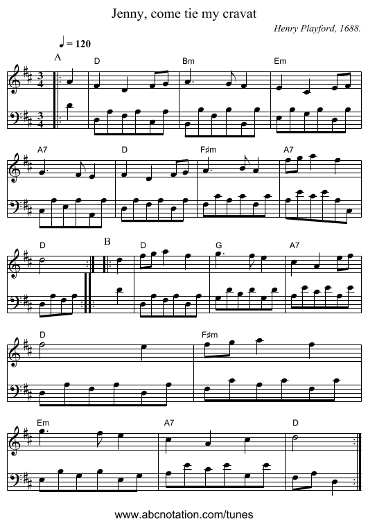 Jenny, come tie my cravat - staff notation