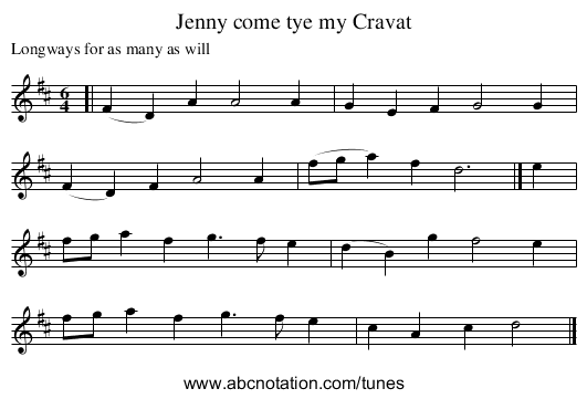 Jenny come tye my Cravat - staff notation