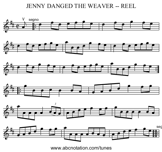 JENNY DANGED THE WEAVER -- REEL - staff notation