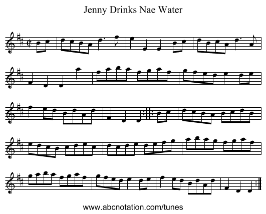 Jenny Drinks Nae Water - staff notation