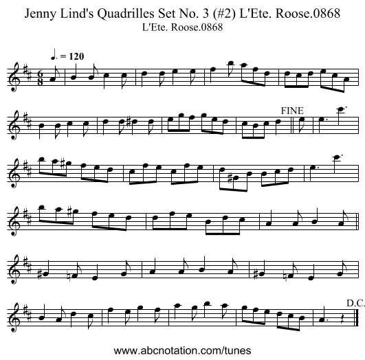 Jenny Lind's Quadrilles Set No. 3 (#2) L'Ete. Roose.0868 - staff notation