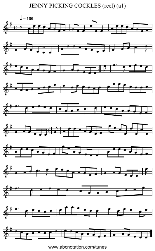 JENNY PICKING COCKLES (reel) (a1) - staff notation