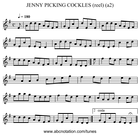 JENNY PICKING COCKLES (reel) (a2) - staff notation
