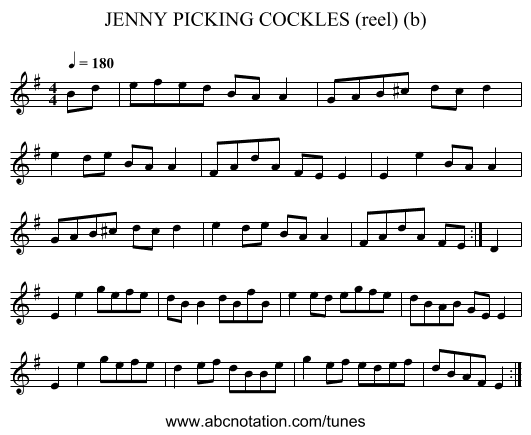 JENNY PICKING COCKLES (reel) (b) - staff notation