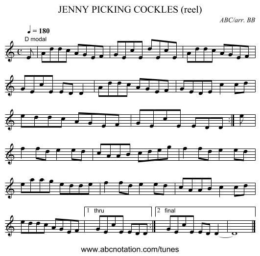 JENNY PICKING COCKLES (reel) - staff notation