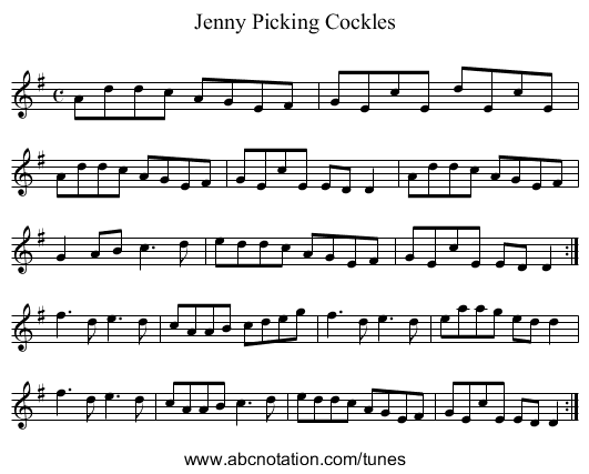 Jenny Picking Cockles - staff notation