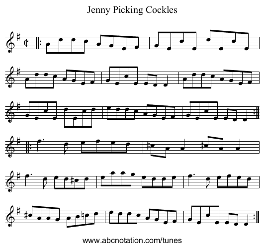 Jenny Picking Cockles - staff notation