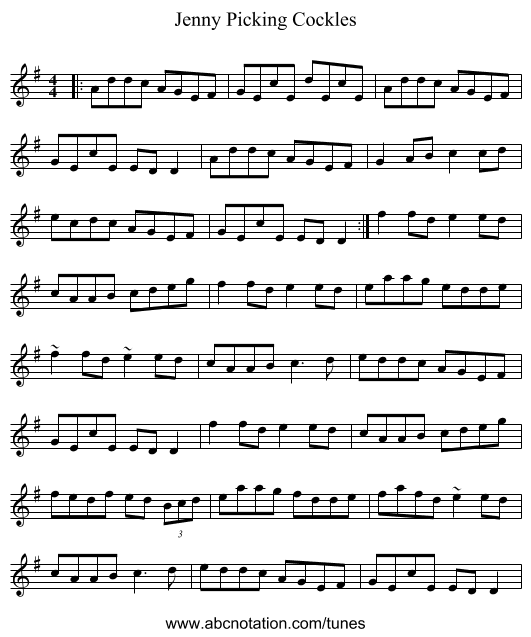 Jenny Picking Cockles - staff notation