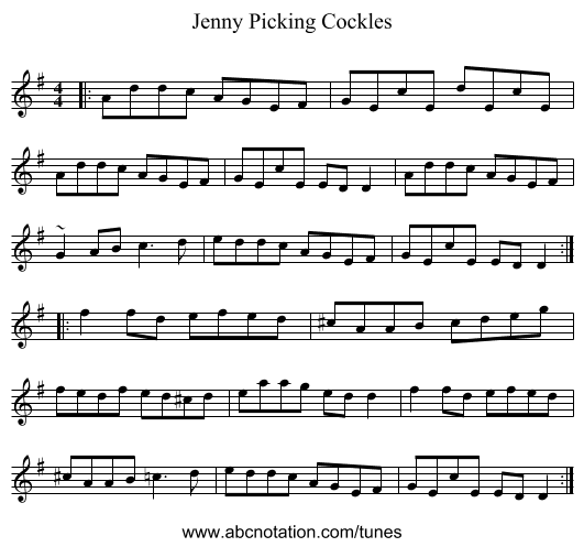 Jenny Picking Cockles - staff notation