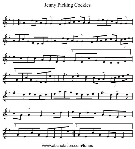 Jenny Picking Cockles - staff notation