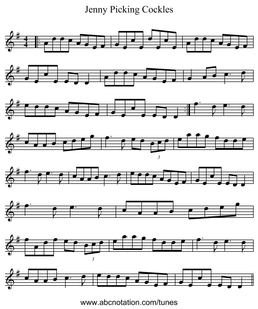 Jenny Picking Cockles - staff notation