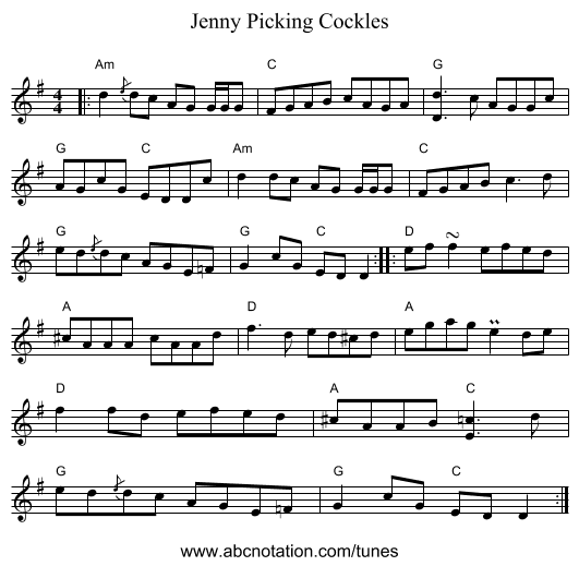 Jenny Picking Cockles - staff notation