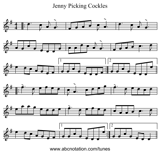 Jenny Picking Cockles - staff notation