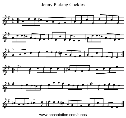 Jenny Picking Cockles - staff notation