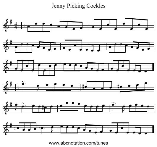 Jenny Picking Cockles - staff notation