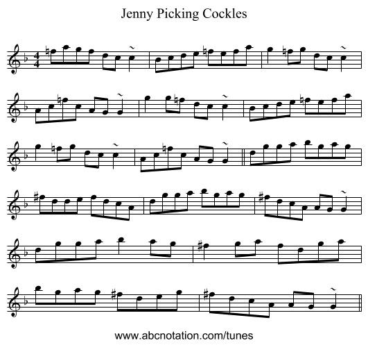 Jenny Picking Cockles - staff notation
