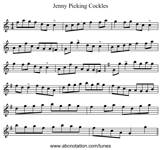 Jenny Picking Cockles - staff notation