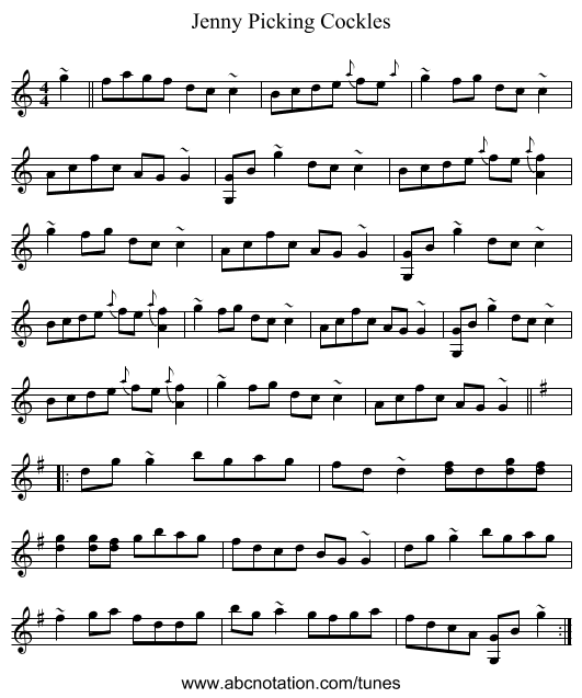 Jenny Picking Cockles - staff notation