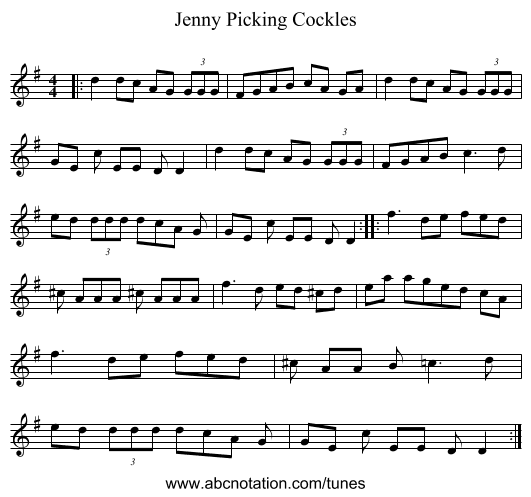 Jenny Picking Cockles - staff notation