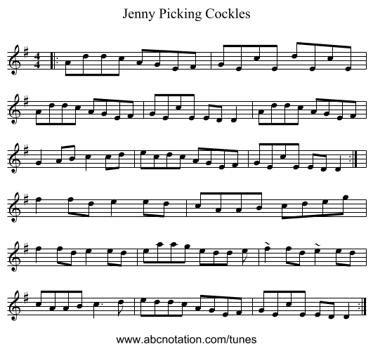 Jenny Picking Cockles - staff notation