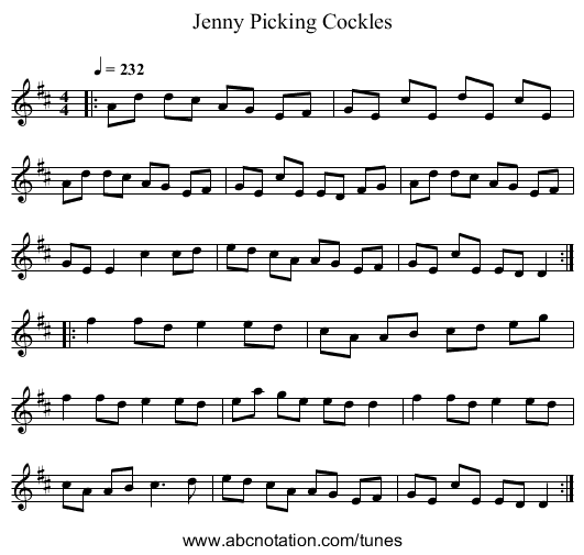 Jenny Picking Cockles - staff notation