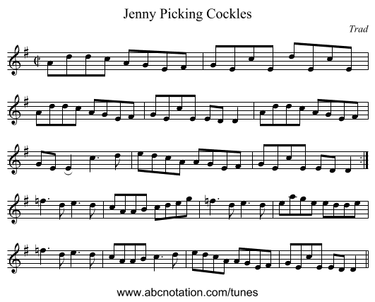 Jenny Picking Cockles - staff notation
